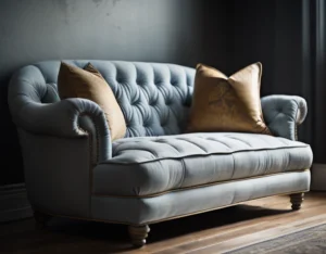 Tresillo estilo clásico recién tapizado con patitas de madera.