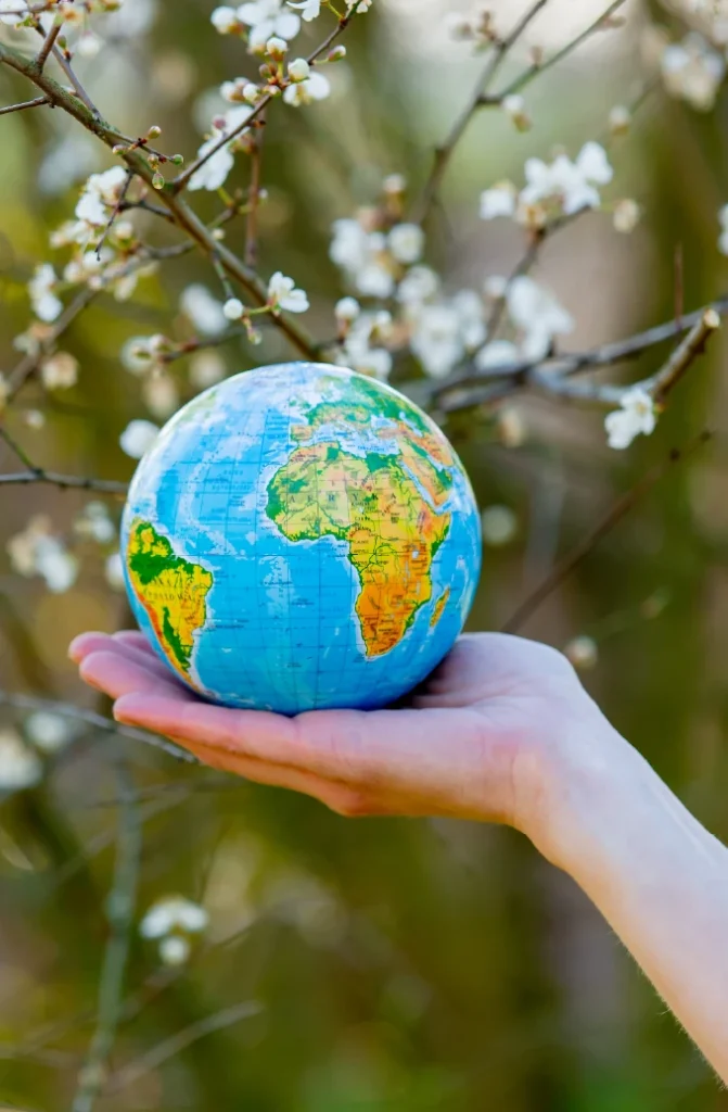 Una bola del mundo con fondo de plantas y arbolitos simulando una Tapizar Sillas